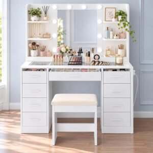 White Makeup Vanity Desk with Mirror & Lights
